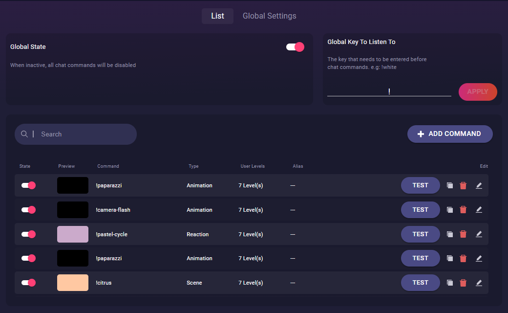A screenshot of the chat command menu