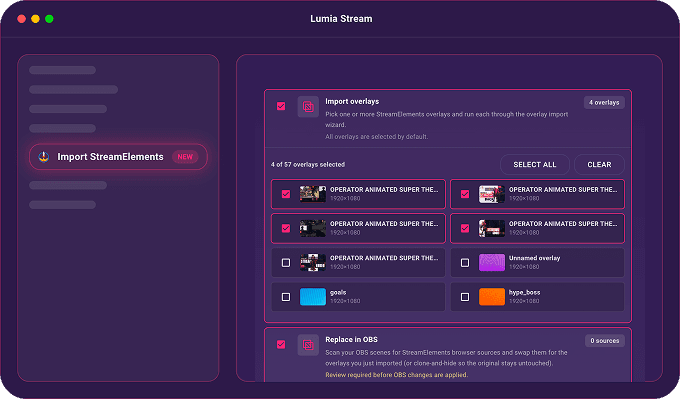Select the overlays to bring over screenshot